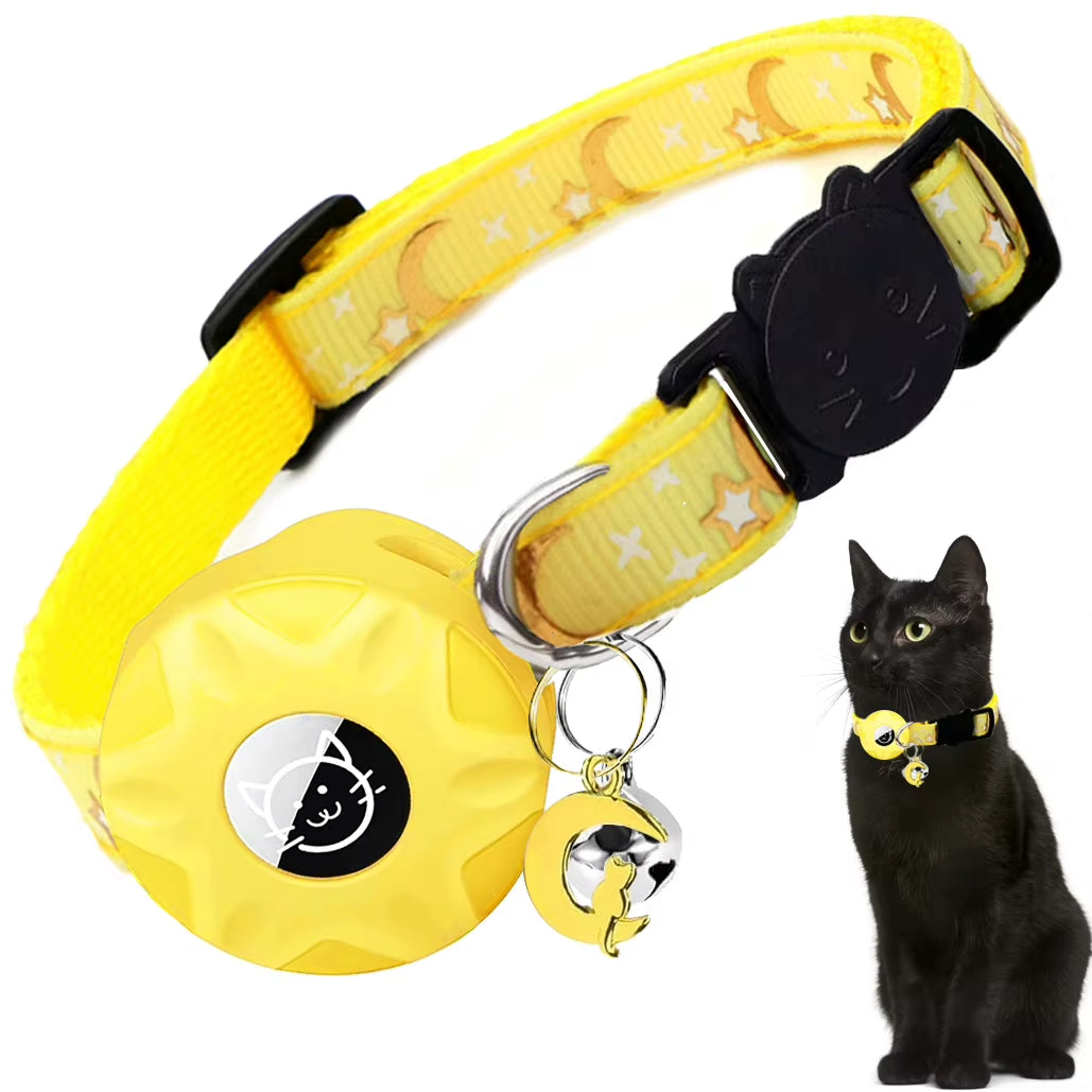 Apple Tag Pet Collar with Airtag Holder & Moon Ornament for Kitten Collar Girl Boy Cats, Small Dog Collar Kitten Accessories