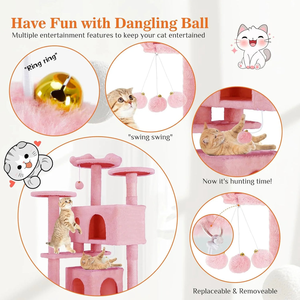 54 Inch Cat Tree Tower, Multi-Level with Cat Scratching Post, Indoor Cat Condo with Climbing Ladder, Plush Toy, Play House for Cat, Pink