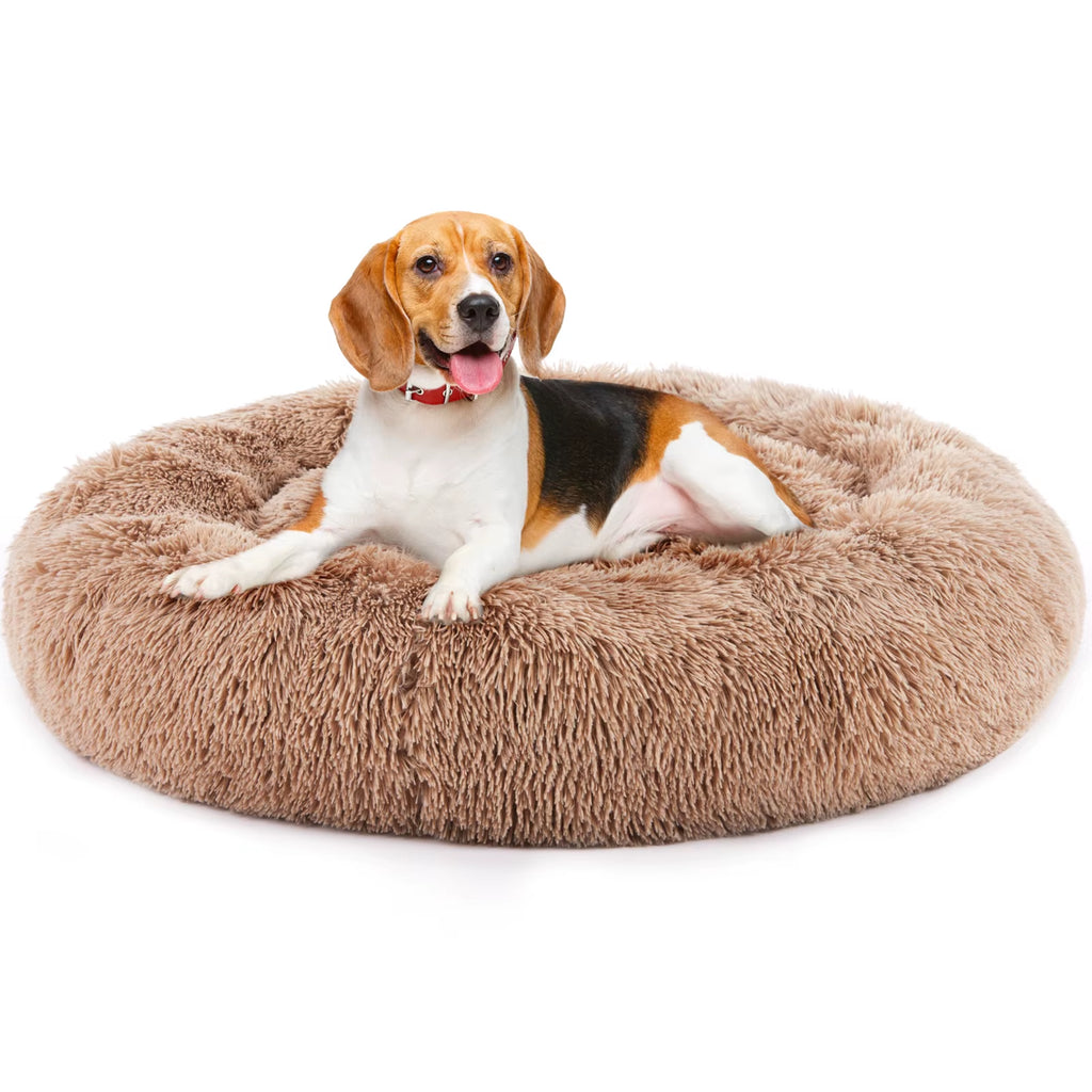 Calming Dog Bed for Medium to Large Dogs Washable Large Pet Bed Anti-Slip round Fluffy Plush Faux Fur Dog Bed