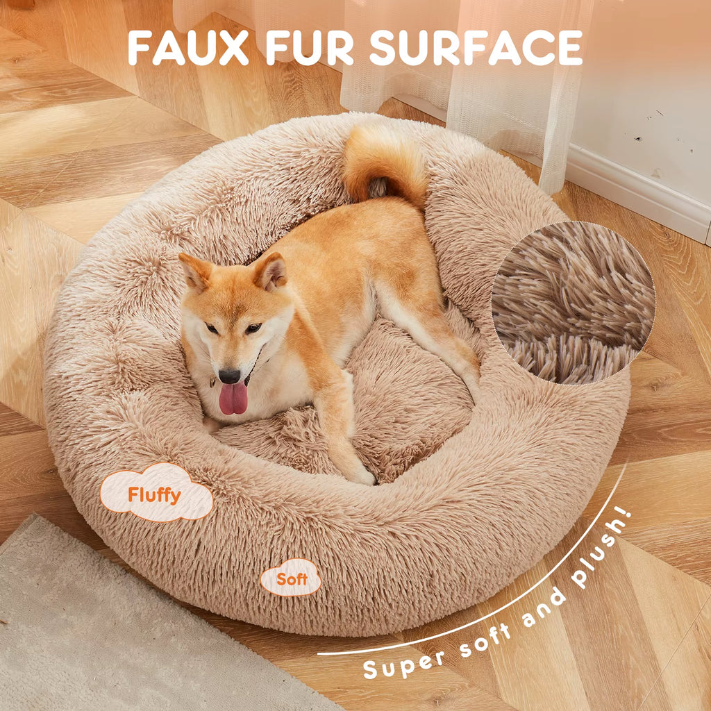 Calming Dog Bed for Medium to Large Dogs Washable Large Pet Bed Anti-Slip round Fluffy Plush Faux Fur Dog Bed